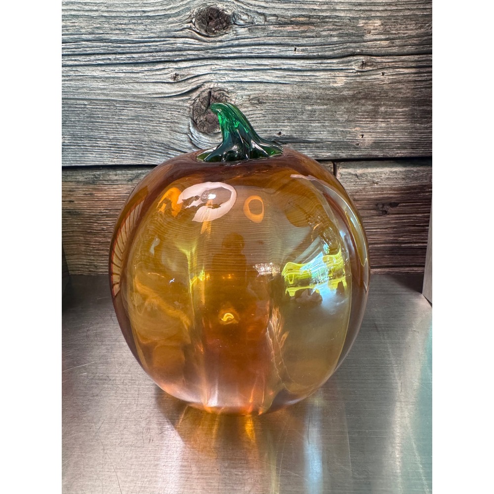 Vintage Blenko Art Glass Pumpkin Amber Topaz Green Stem Hand Blown Fall MCM